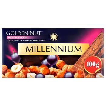 Шоколад Millennium Gold NEW молочний з цілим горіхом і родзинками 100г 